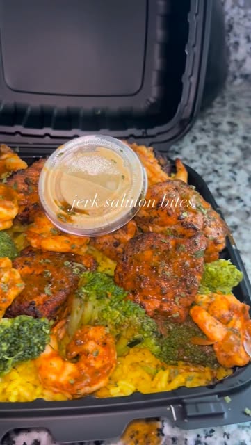 Jerk salmon bites over yellow rice